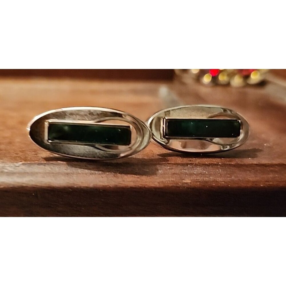 Vintage Anson Green Acrylic Cufflinks – Silver-Tone Mid-Century Modern